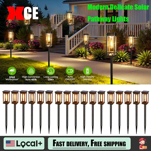Solar pathway light stake set with black lantern heads, lined for walkway use