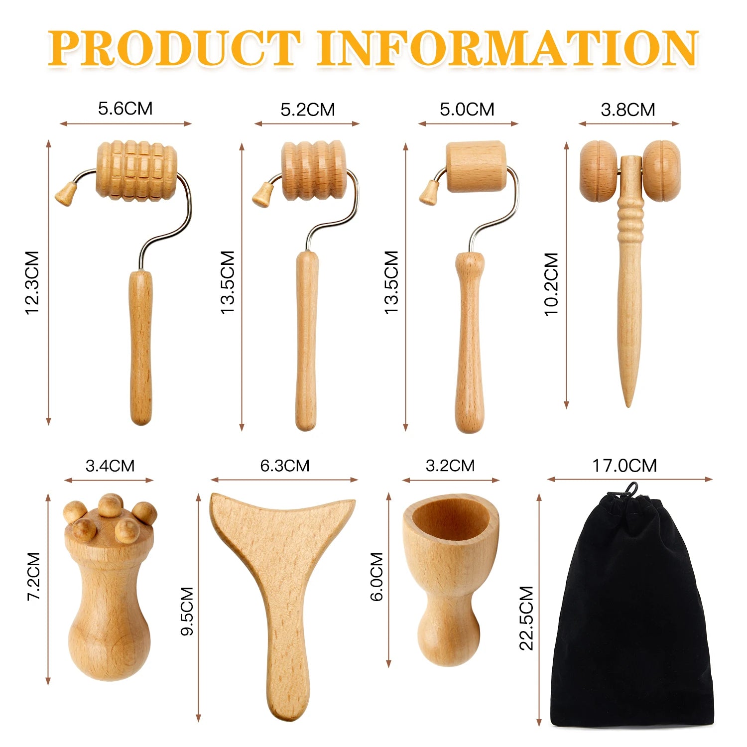 Set of seven wooden face massage tools for maderotherapy with measurement labels and a black storage pouch.