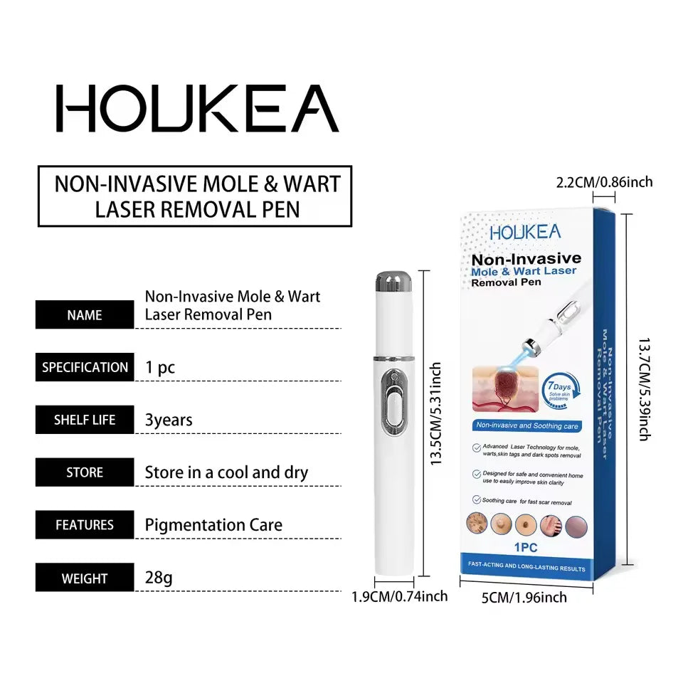 White, handheld blue light therapy pen for wart and mole removal, shown with its product box and dimension labels.