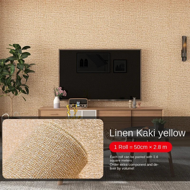 Self-adhesive textured wall panel wallpaper roll, linen beige yellow; roll and room view