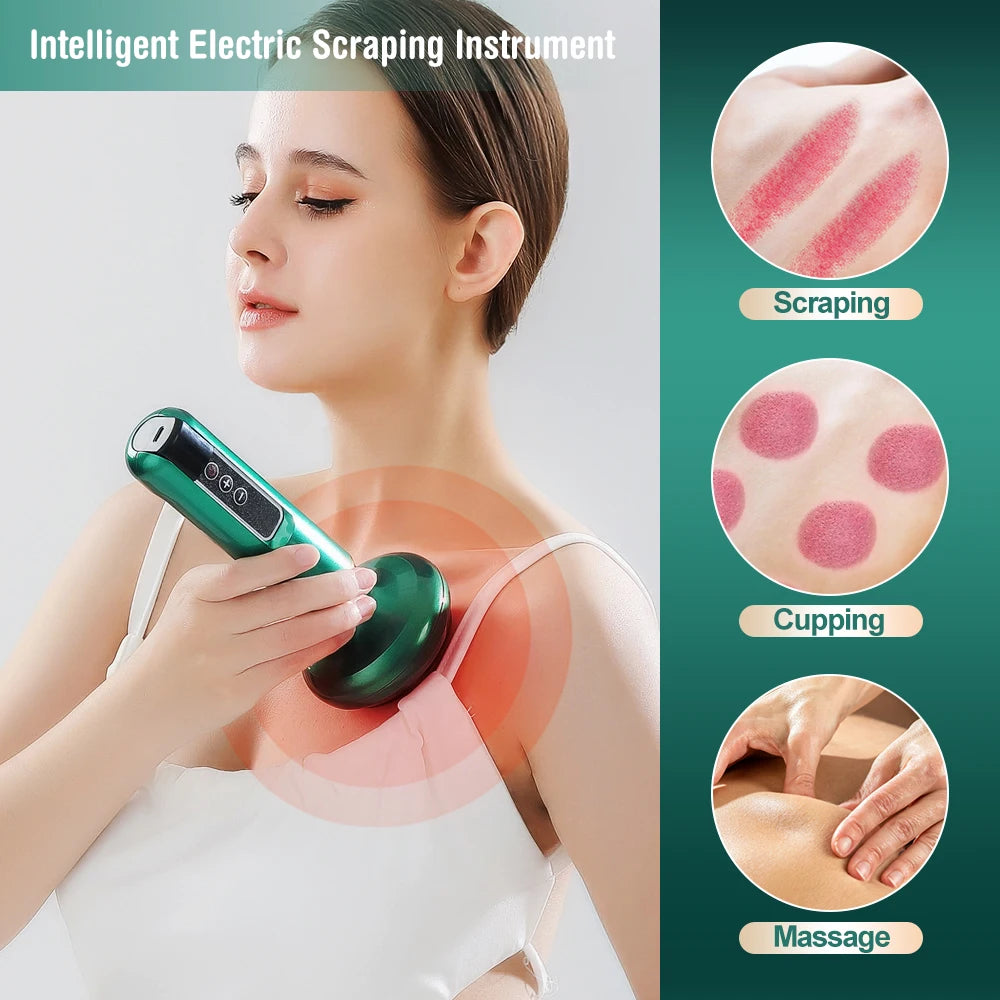 Green electric cupping massager for body slimming, scraping, and vacuum suction therapy on woman’s shoulder.