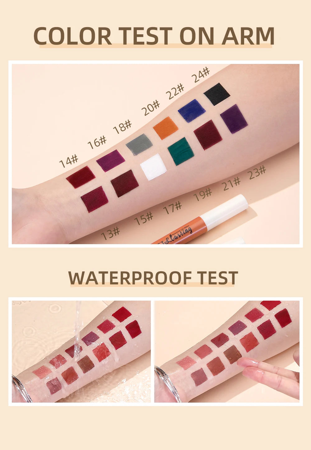 QIBEST long-lasting matte liquid lipstick swatches on arm, showing waterproof velvet texture in various vibrant colors.