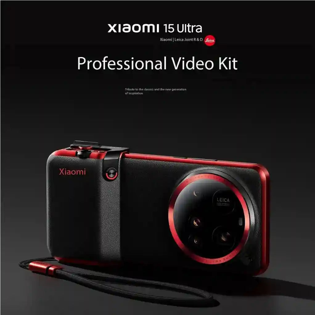 Xiaomi 15 Ultra Professional Video Kit with black leather grip, red accents, and wrist strap for mobile cinematography.