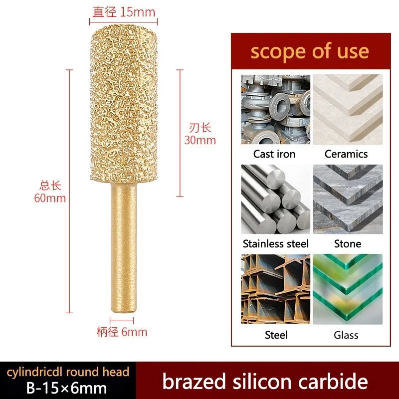 Brazed diamond grinding and polishing head, cylindrical round gold tip with 6mm shank