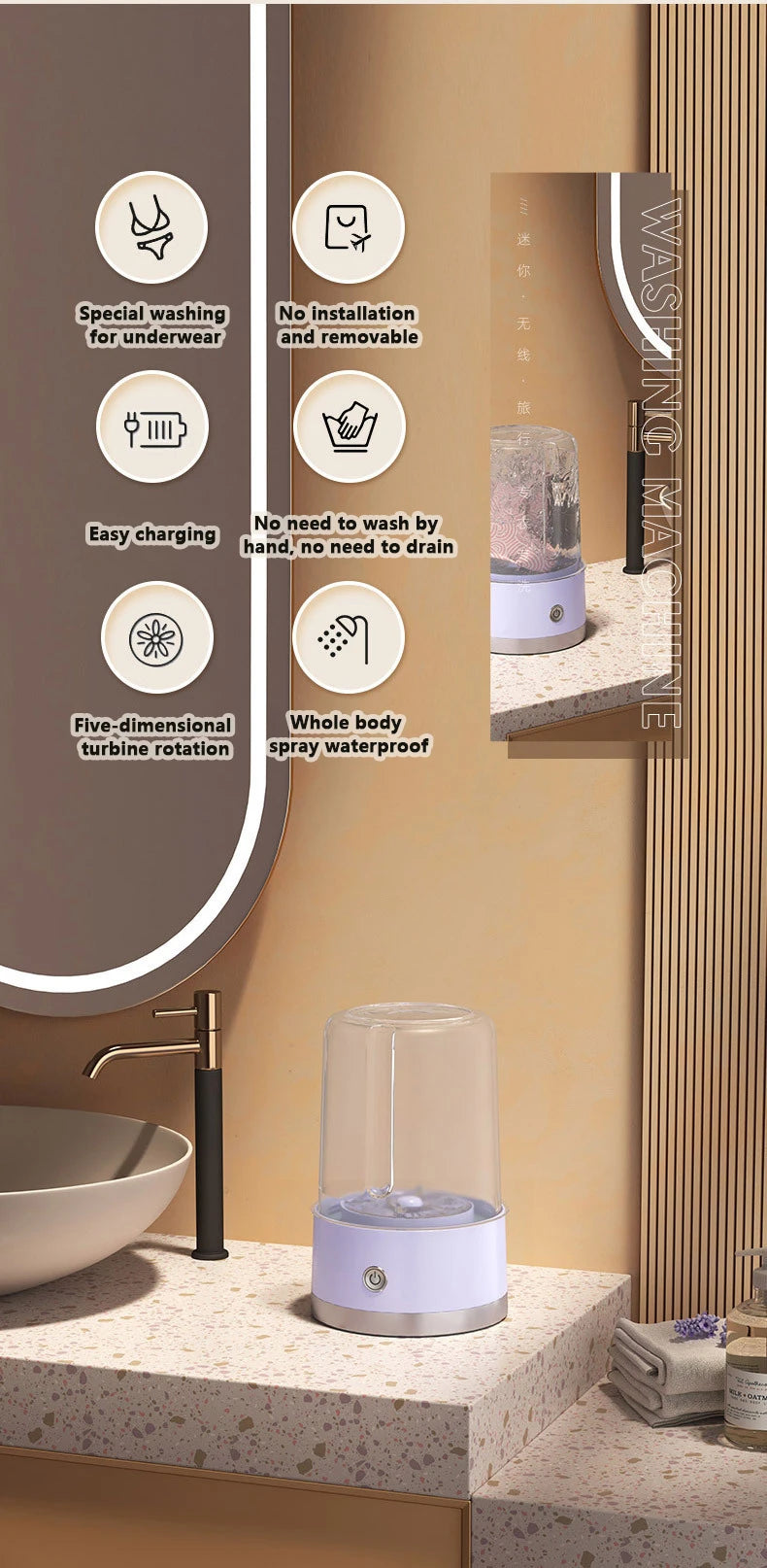 Tidesmit portable wireless mini washing bucket for underwear and socks with 2-speed charging feature, side angle view.