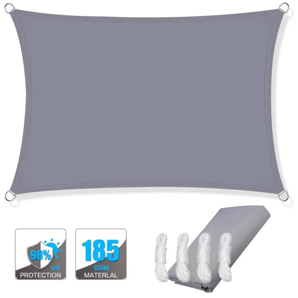 Rectangular waterproof shade sail canopy with corner grommets, light gray; folded section shown.