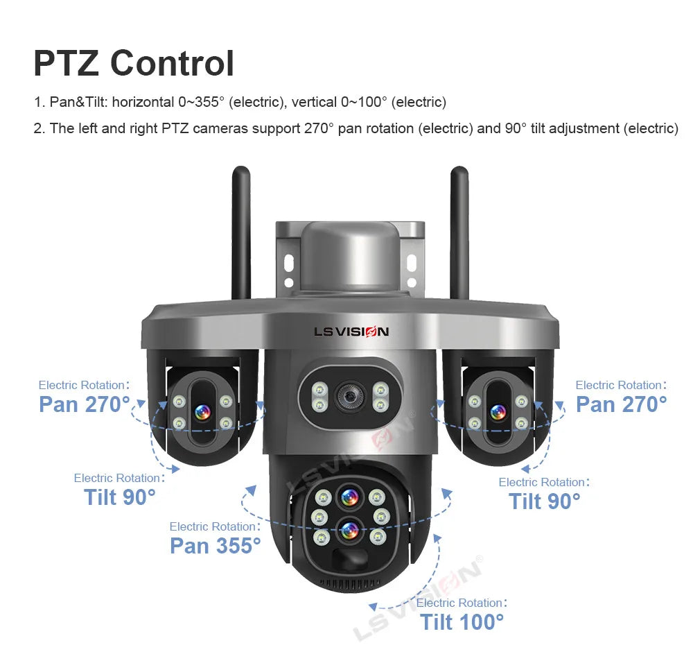 LS VISION 20MP 10X Optical Zoom 4G Solar Camera Outdoor WiFi Three Screen 3PTZ 360° Auto Tracking Security CCTV Camera V380 Pro