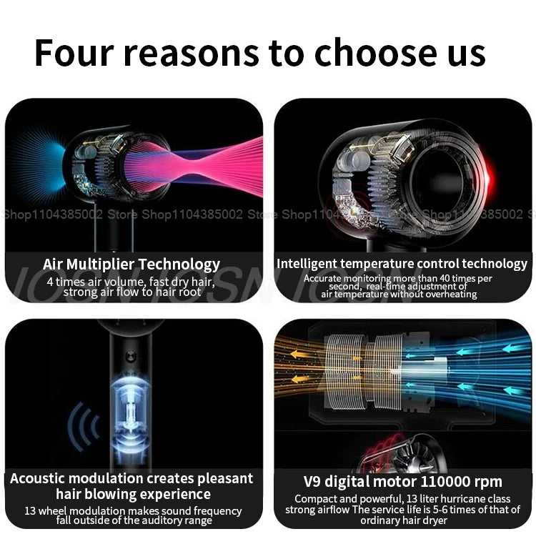 Black leafless professional hair dryer with high-speed motor, air multiplier, and intelligent heat control technology.