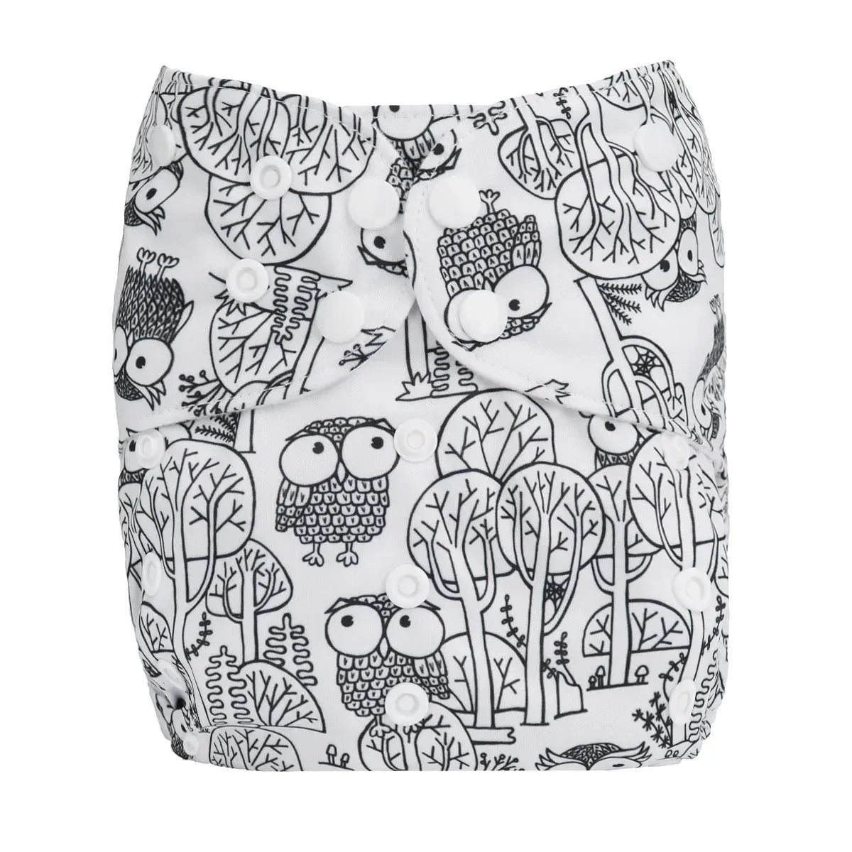 Reusable cloth diaper with black and white owl forest print and snap button closures for baby care.