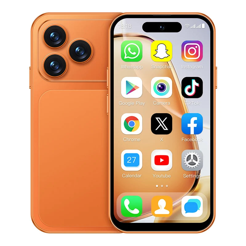 Orange mini smartphone with triple rear cameras and app icons on screen