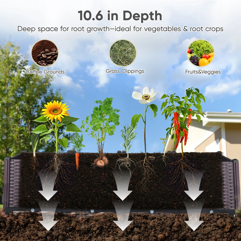 Large oval raised garden bed planter box, open bottom design shown in cross-section