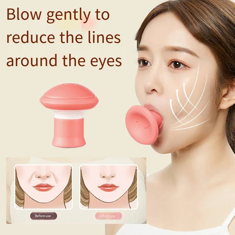 Pink, mushroom-shaped silicone facial exercise tool shown in use by a person to tone face and reduce fine lines.