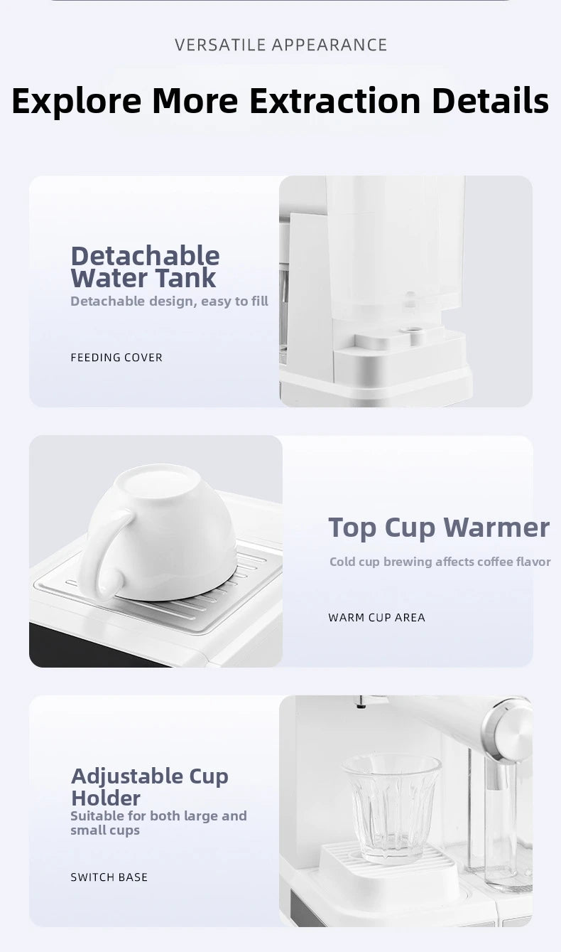 White coffee machine with detachable water tank, top cup warmer, and adjustable cup holder for various cup sizes.