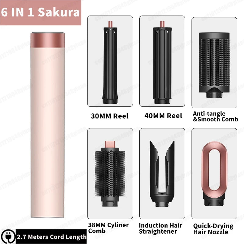 SenCiciMen 6-in-1 Sakura hair styler with hot air brush, curling barrels, and drying nozzles for voluminous hair.