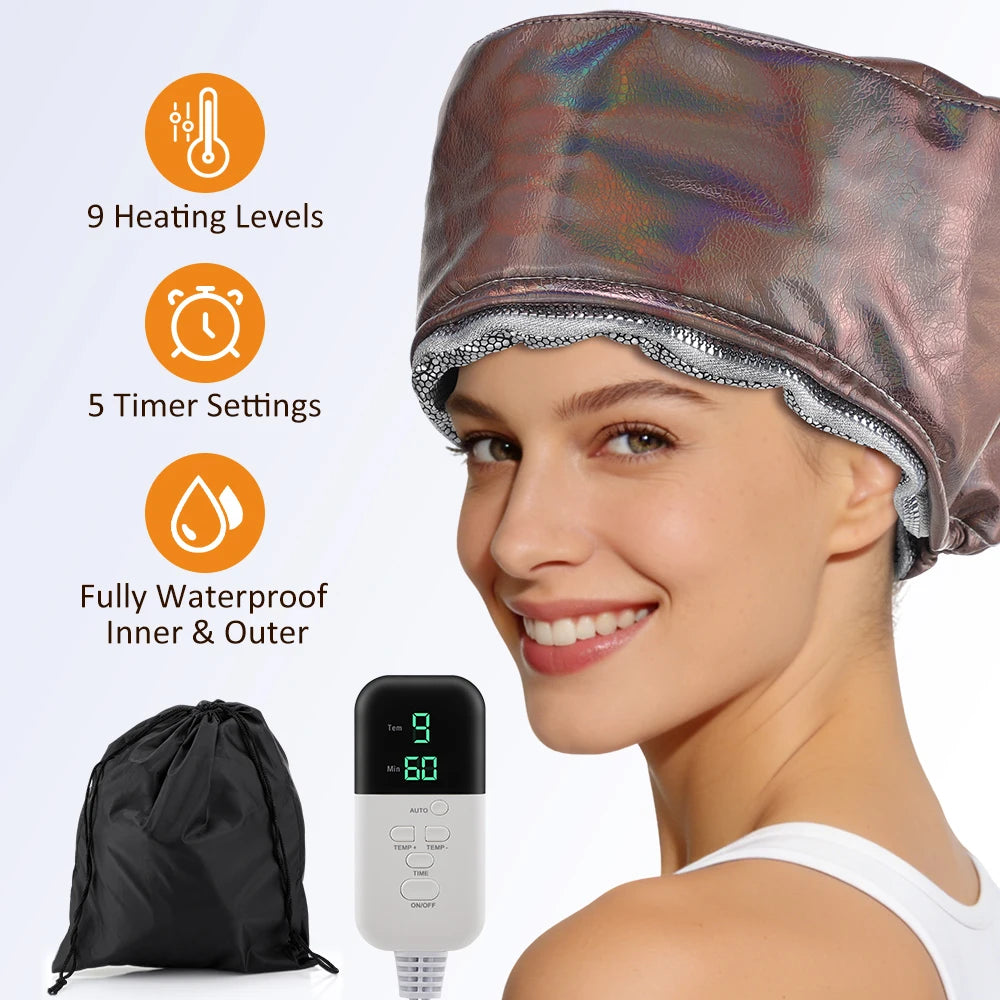 Metallic PU leather electric hair steamer cap with 9 heat levels, 5 timer settings, controller, and storage bag.