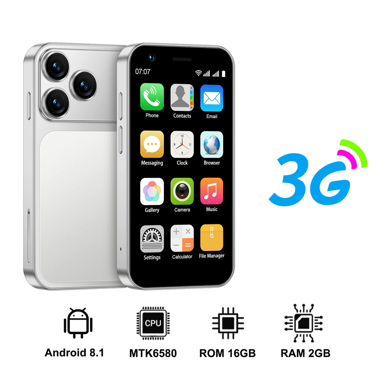 Silver 3-inch mini Android smartphone with front screen and dual-tone back camera