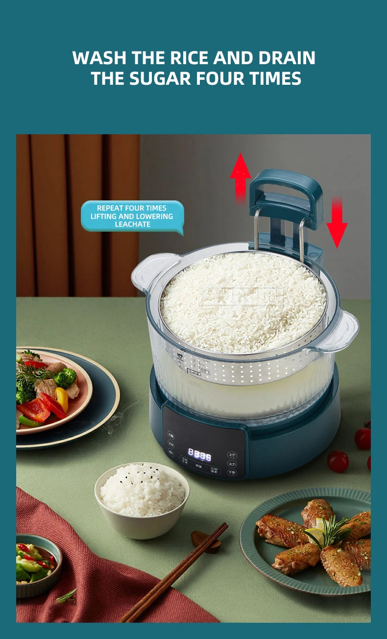 Blue electric rice cooker with lifted tray over base, showing white rice