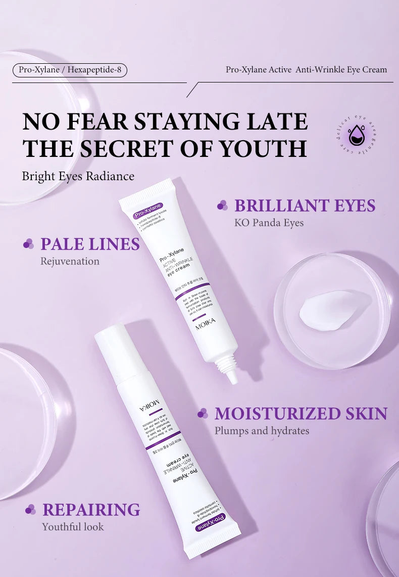White anti-wrinkle eye cream tubes with smooth, creamy texture on purple background. Anti-aging skincare for dark circles.