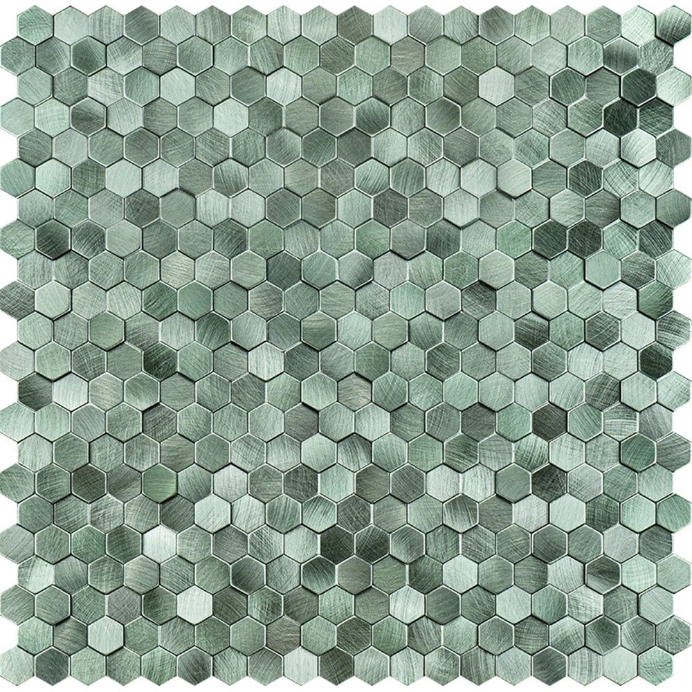 Hexagon metal mosaic tile sheet, mint light green metallic stainless finish