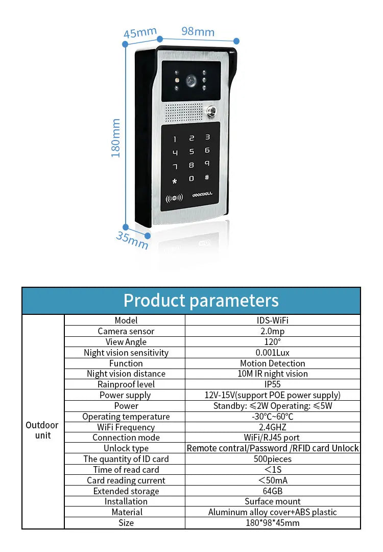 2MP 1080P Tuya APP WIFI Rifd Password TCP/IP Video Door Phone Wide Angle Intercom Visual Doorbell  Door Entry Camera