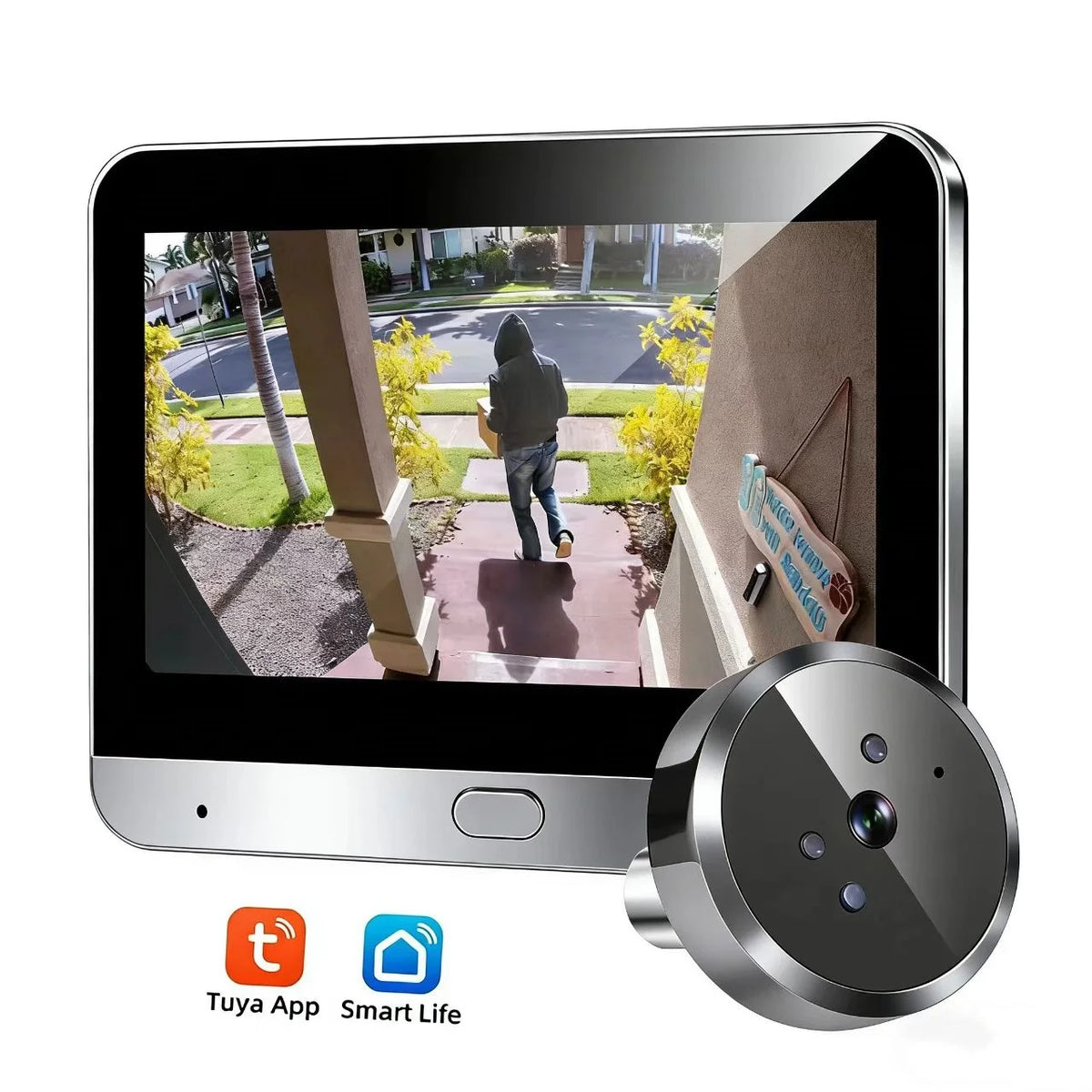 Smart peephole video door camera monitor with round outdoor unit in silver finish