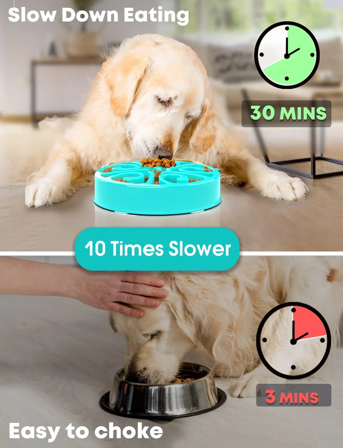 Blue non-slip slow feeder dog bowl prevents anti-gulping, helps digestion, and slows eating for all dog sizes.