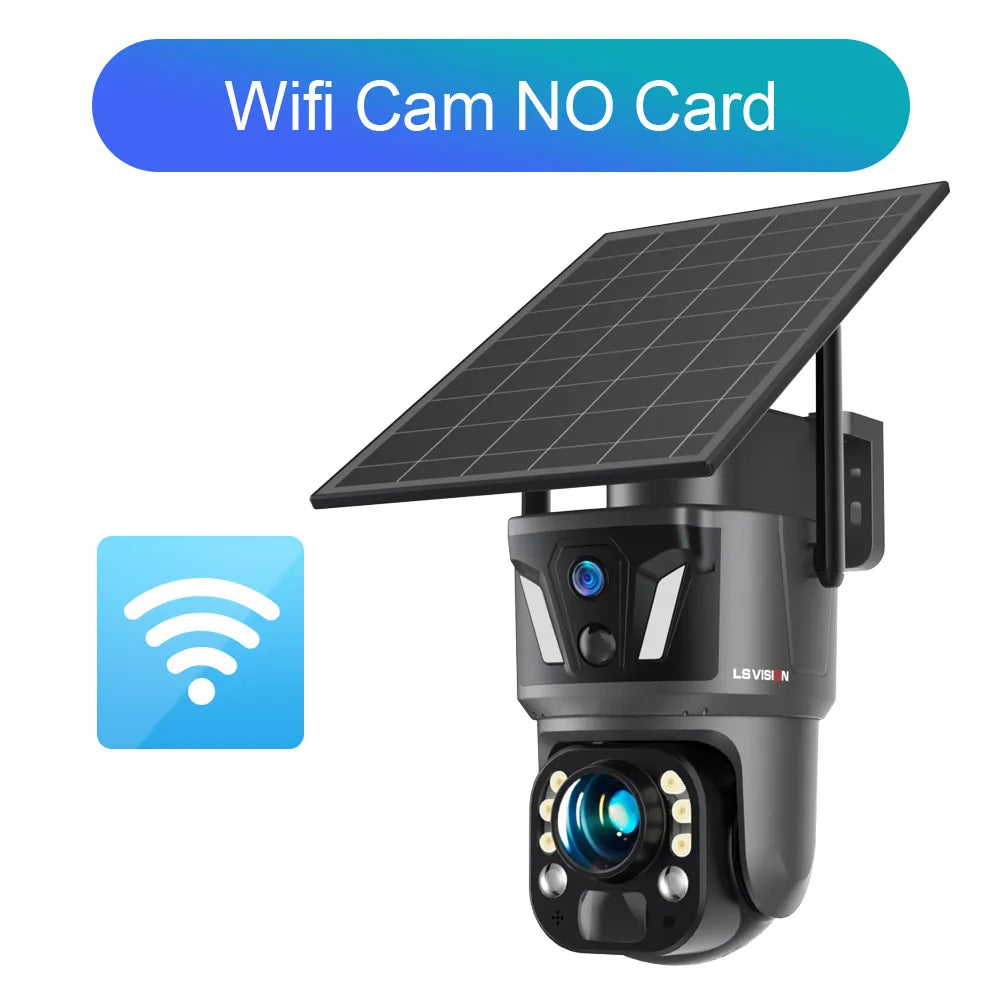 WiFi solar PTZ security camera, dark gray housing with solar panel and no SD card