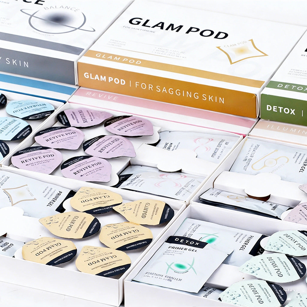 Glam Pod oxygen jet spa facial machine serum gel pods for skin rejuvenation and exfoliation in assorted colored boxes.