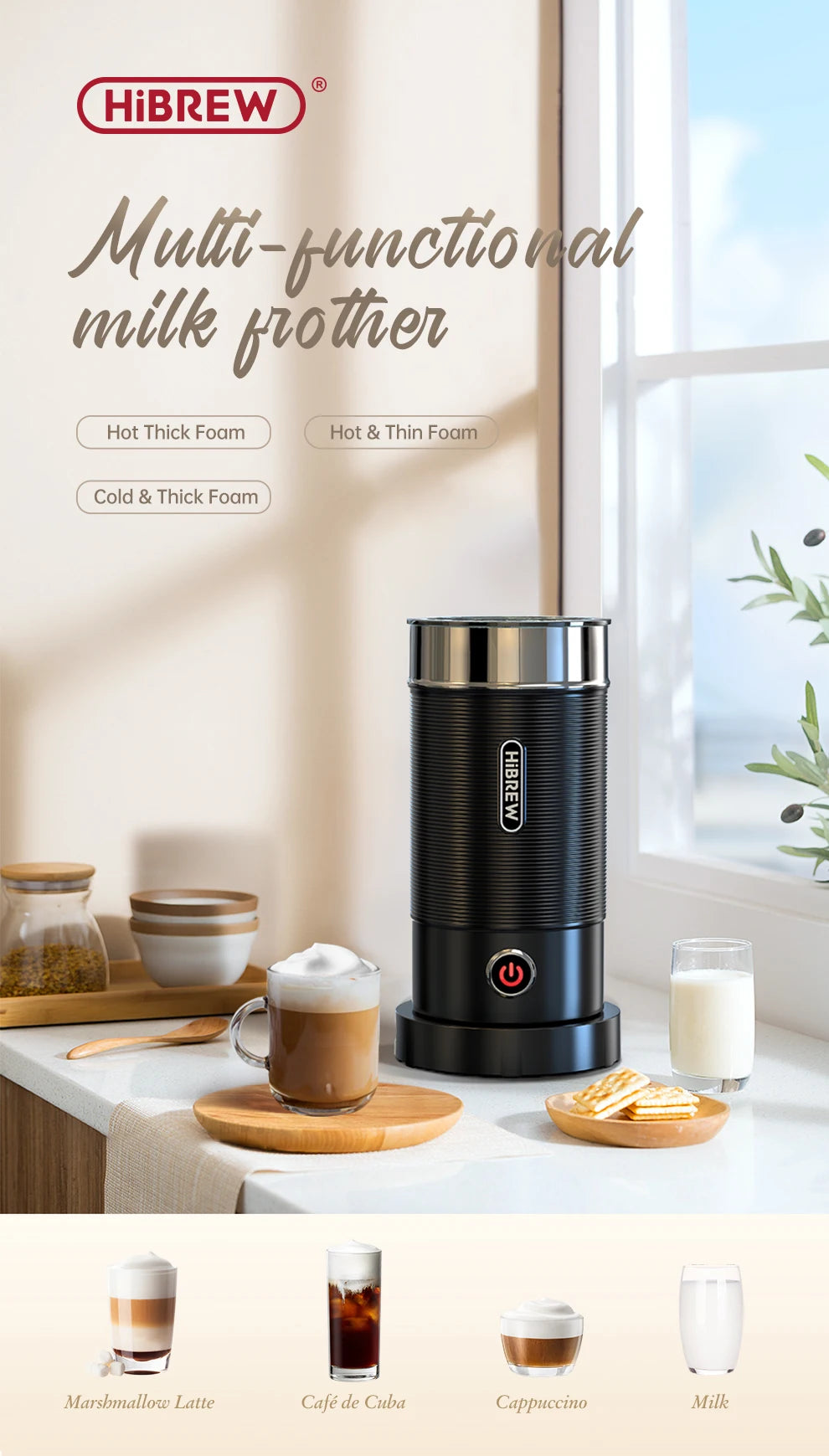 HiBREW black stainless steel multi-functional electric milk frother for hot or cold foam on kitchen counter.