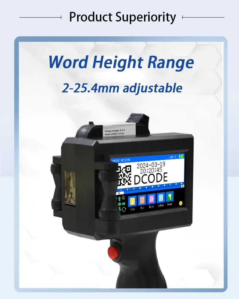 Handheld inkjet printer with adjustable word height range up to 25.4 mm