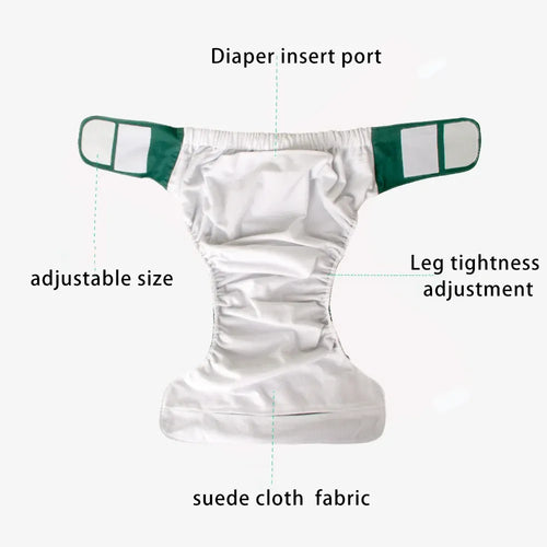 Adjustable cloth diaper with suede cloth inner, insert port, and leg adjustments for custom baby care fit.