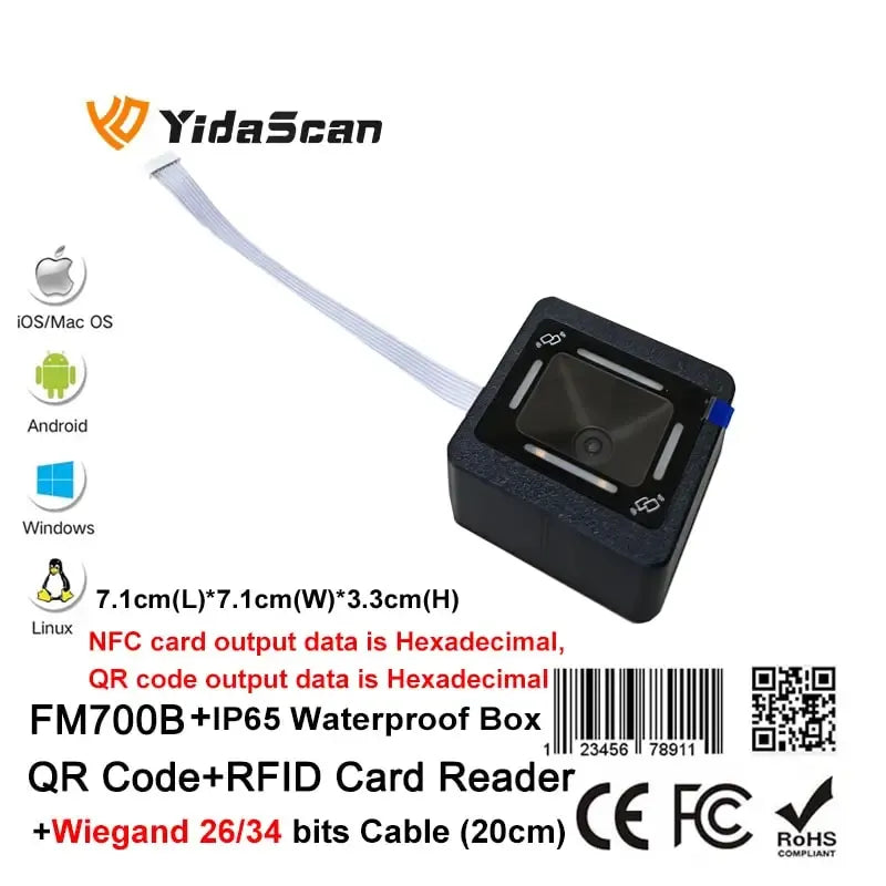 FM700B waterproof QR code + RFID card reader box with cable and barcode/QR label
