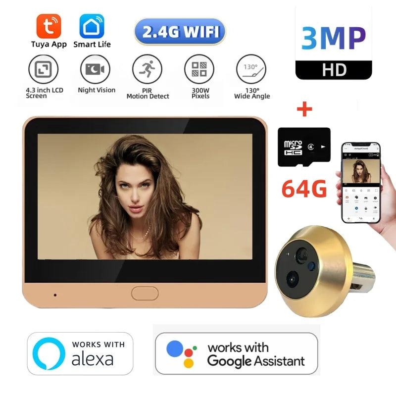 3MP HD WiFi peephole camera set with monitor, gold module, and 64G microSD card