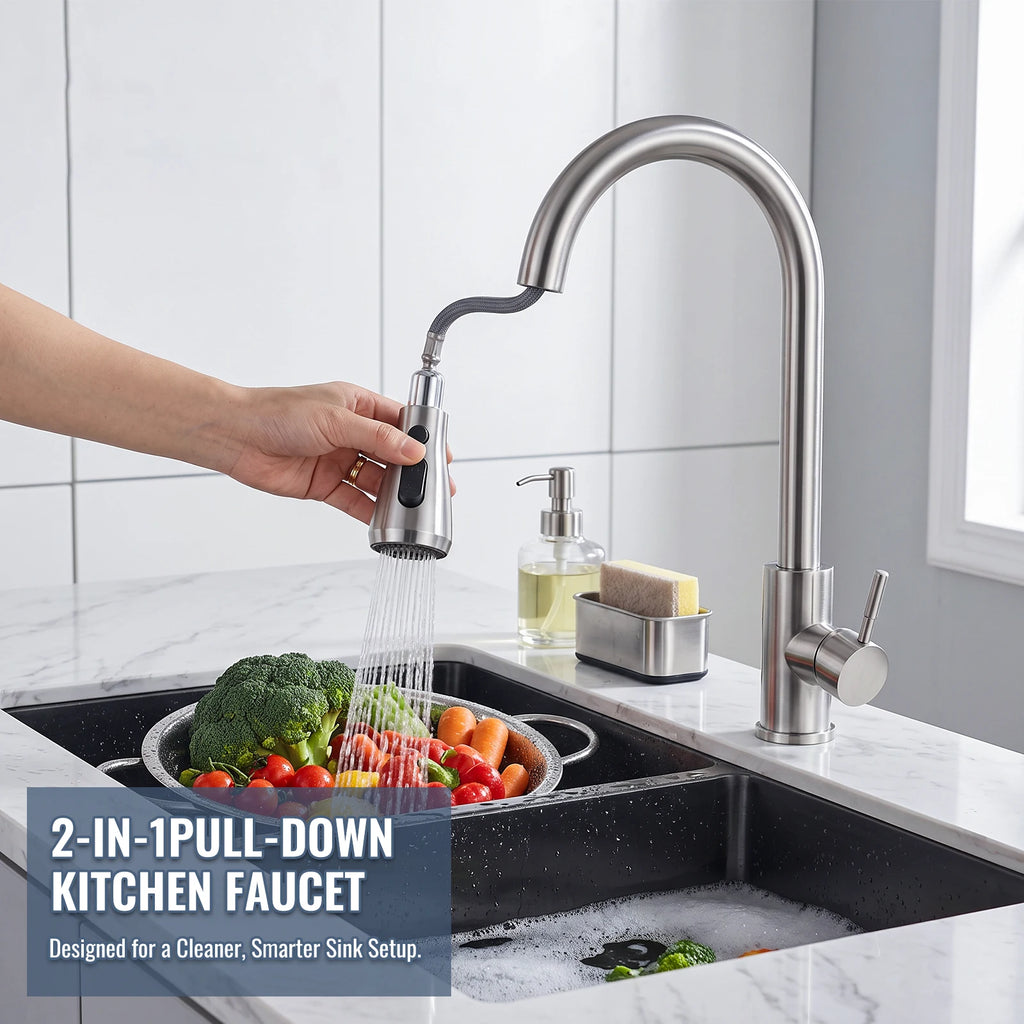 Stainless Steel Faucet Kitchen Faucet Sink Faucet with Pull Down Sprayer Hot and Cold Dual Control Bar Sink Faucet Rotation Faucet Showerhead and Bubble Water Flow