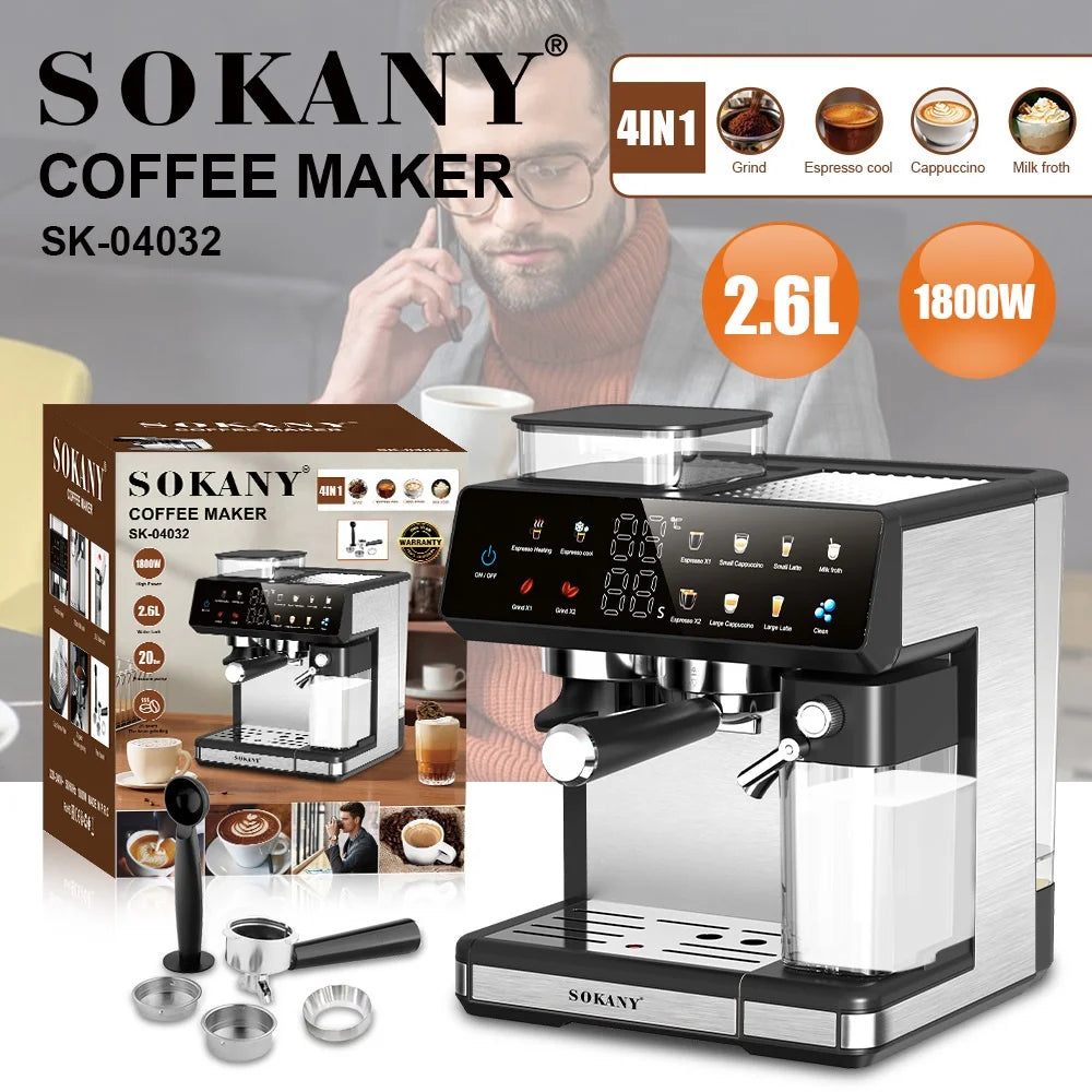 Sokany 4-in-1 espresso coffee maker, 2.6L capacity, 1800W, black and stainless steel digital machine with milk tank.