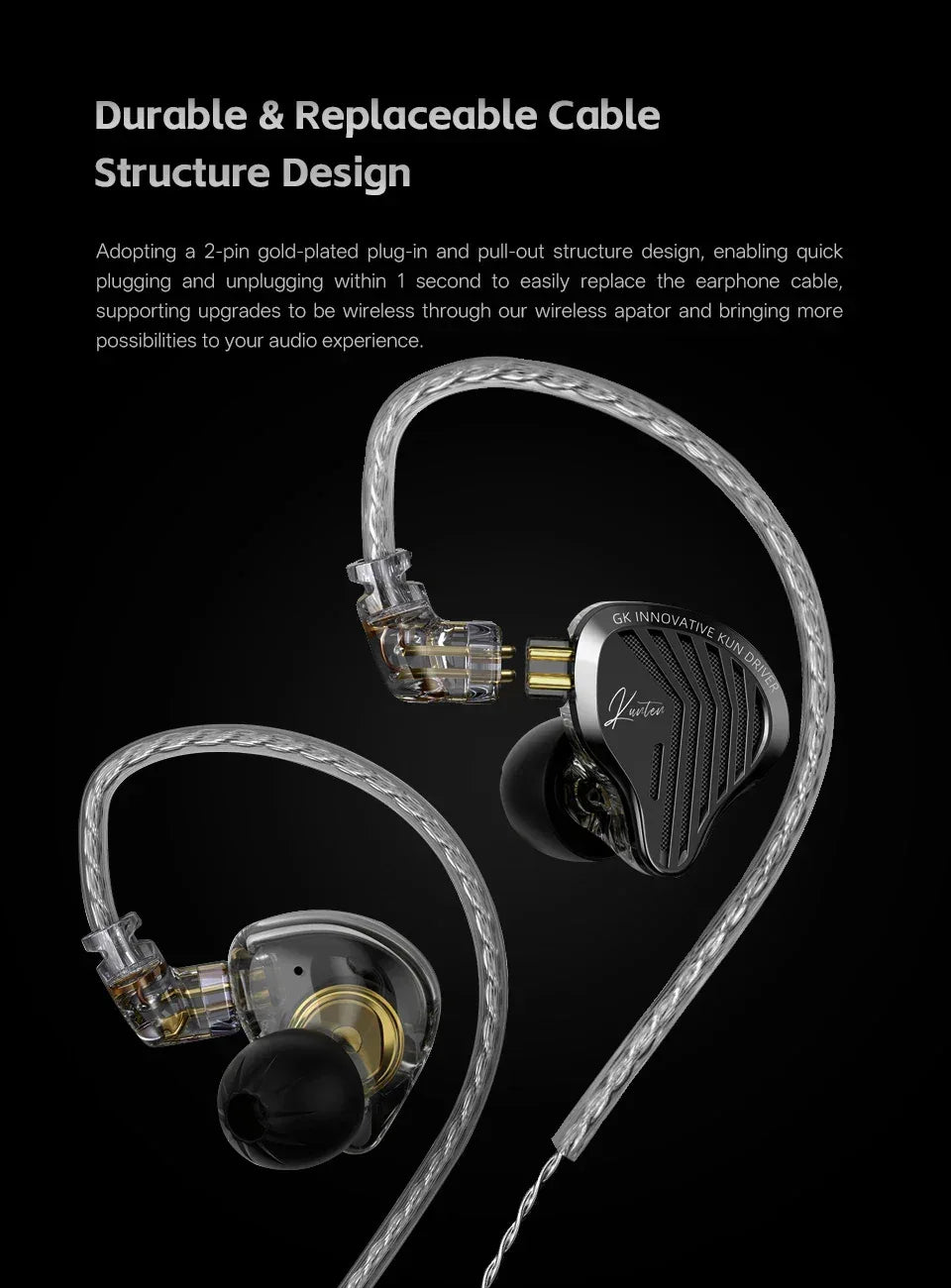 GK KUNTEN Dynamic Drive Headphones HIFI Heavy Bass Earbuds Sports Metal Headphones Detachable Headphones 2PIN KZ Zenith EDX Tidesmit