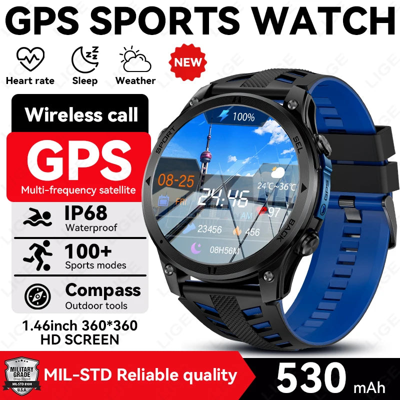 LIGE 2026 New GPS Path Smart Watch 530mAh Battery IP68 Waterproof Sports Run Tracker BT Call Outdoor Compass Military Smartwatch