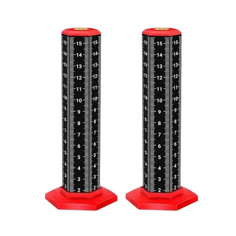 Two red-and-black vertical leveling rulers with bubble vial on red hexagonal bases