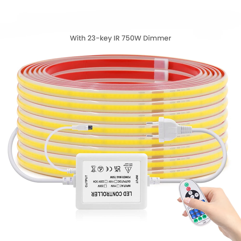 Yellow-white COB LED strip kit with 23-key IR dimmer, remote control and power module