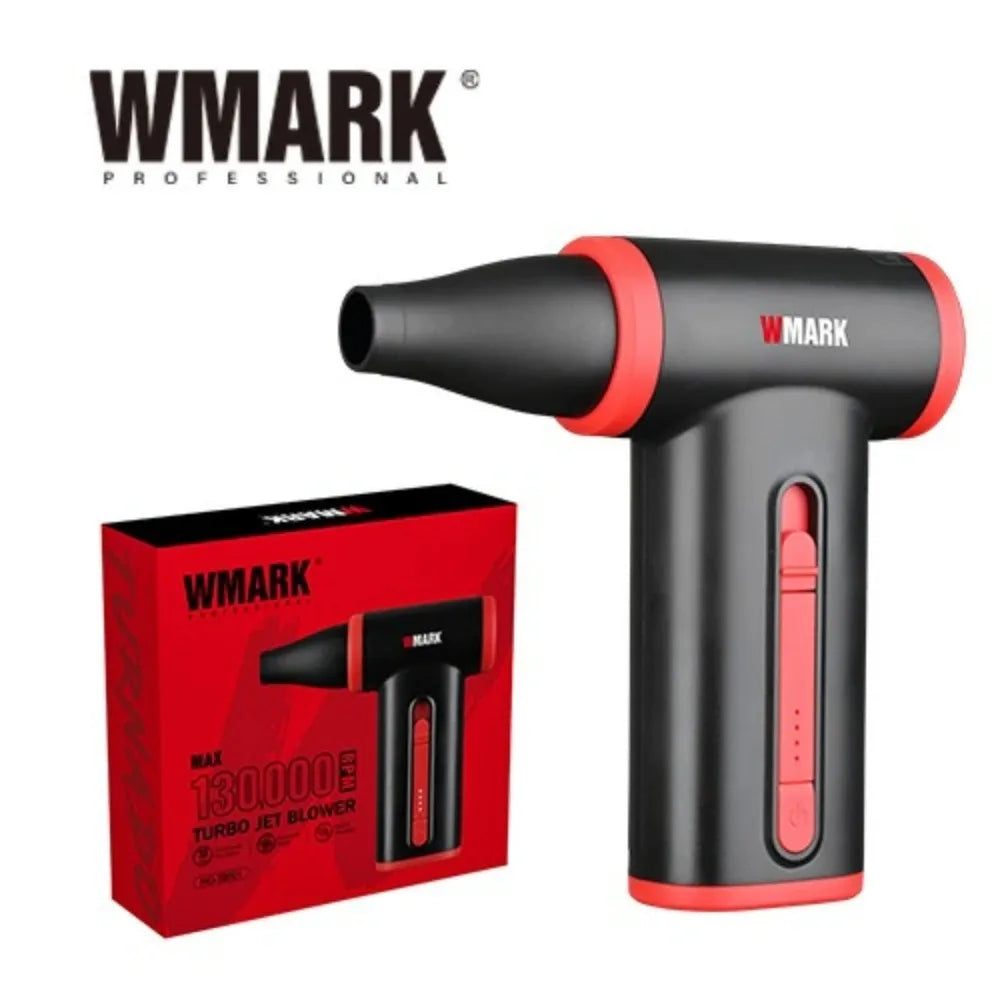 WMARK 130000RPM brushless turbo jet blower in black and red with adjustable speed and sleek portable design.