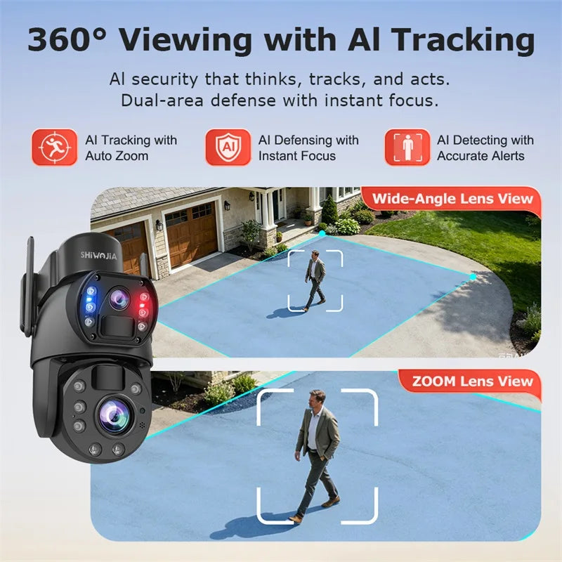 SHIWOJIA 4G Solar Security Camera Outdoor 60X Zoom Dual Screen 10MP WiFi PIR Detection AI Auto Tracking Camera UBOX