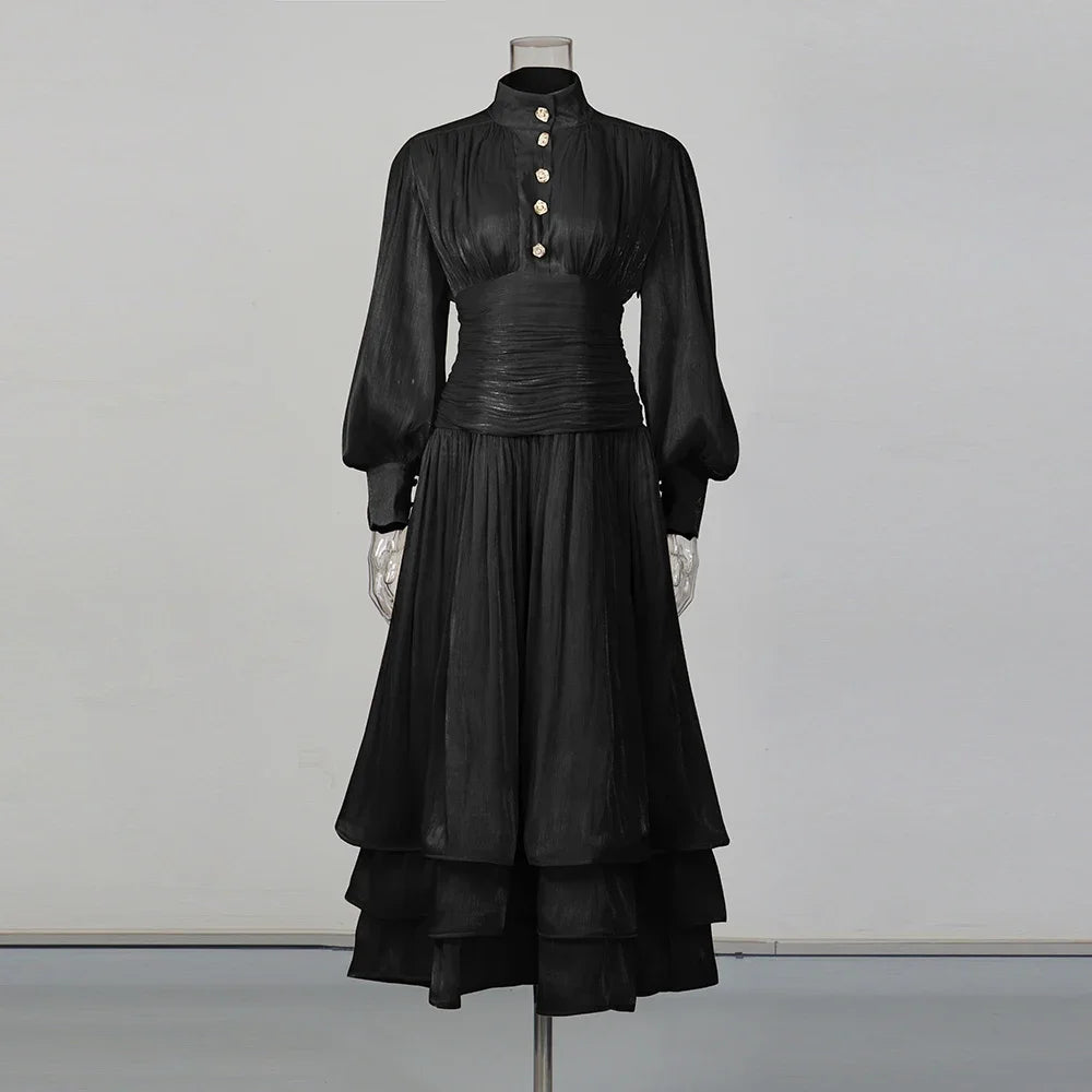 VGH Beach Style Solid Casual Short Dresses For Women Stand Collar Long Sleeve High Waist Spliced Button Chic Dress Female New