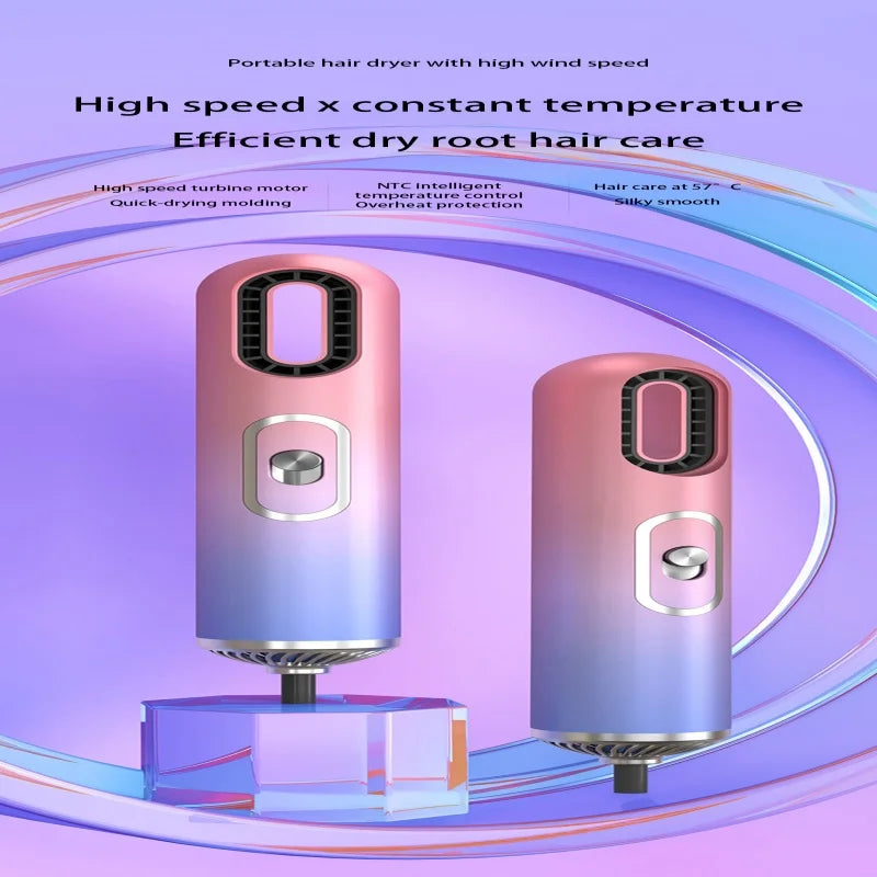 Pink-blue high-speed ionic hair dryer with professional turbine motor and constant temperature control for fast drying.