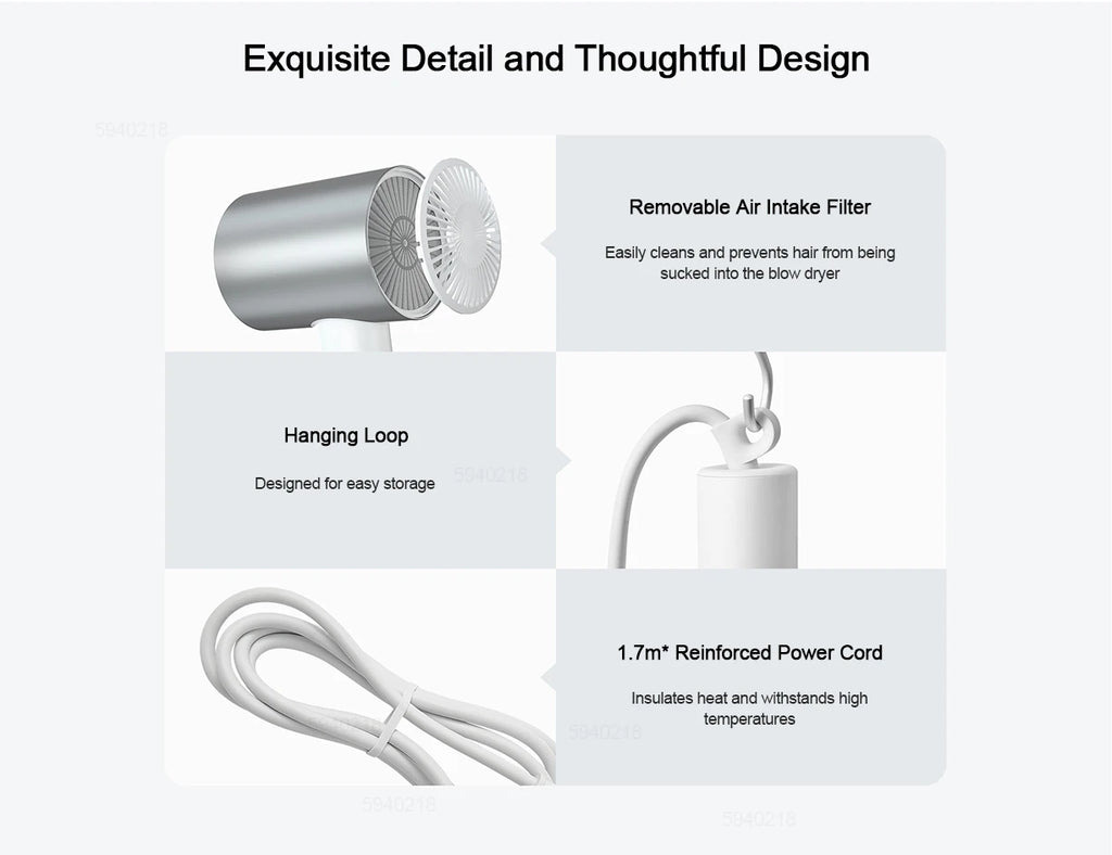MIJIA H500 hair dryer features: removable air intake filter, convenient hanging loop, and reinforced 1.7m power cord.
