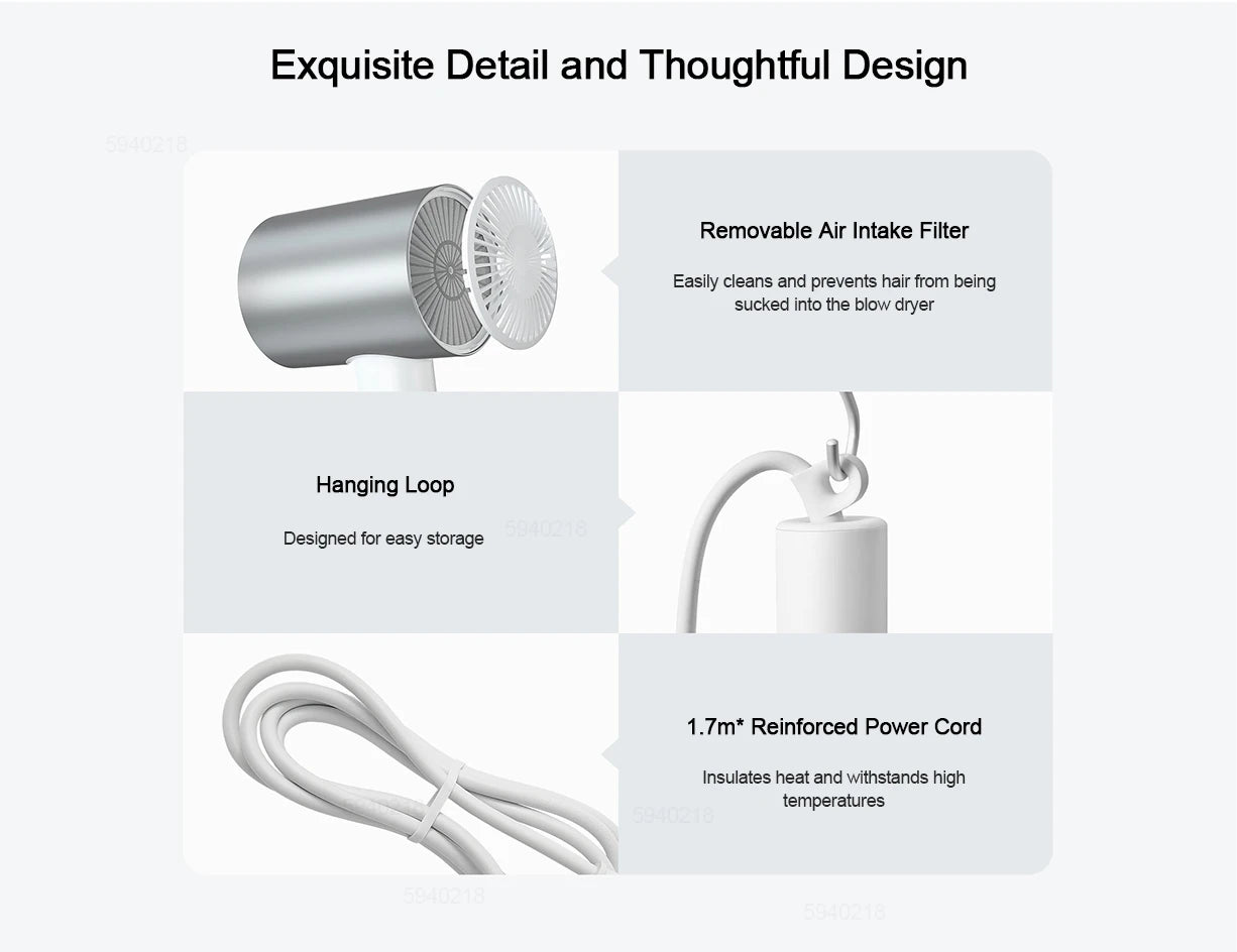 MIJIA H500 hair dryer features: removable air intake filter, convenient hanging loop, and reinforced 1.7m power cord.