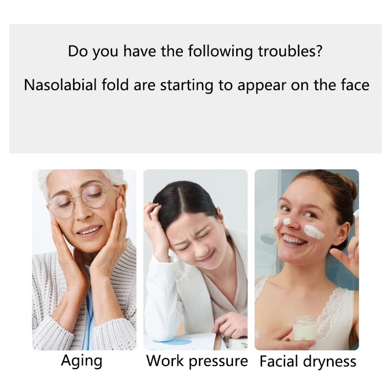 Collage showing three women experiencing aging, work stress, and facial dryness as causes for nasolabial folds.