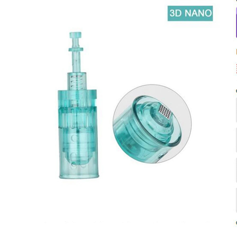 3D nano needle cartridge for microneedling, featuring a teal plastic housing and a fine metal needle head.