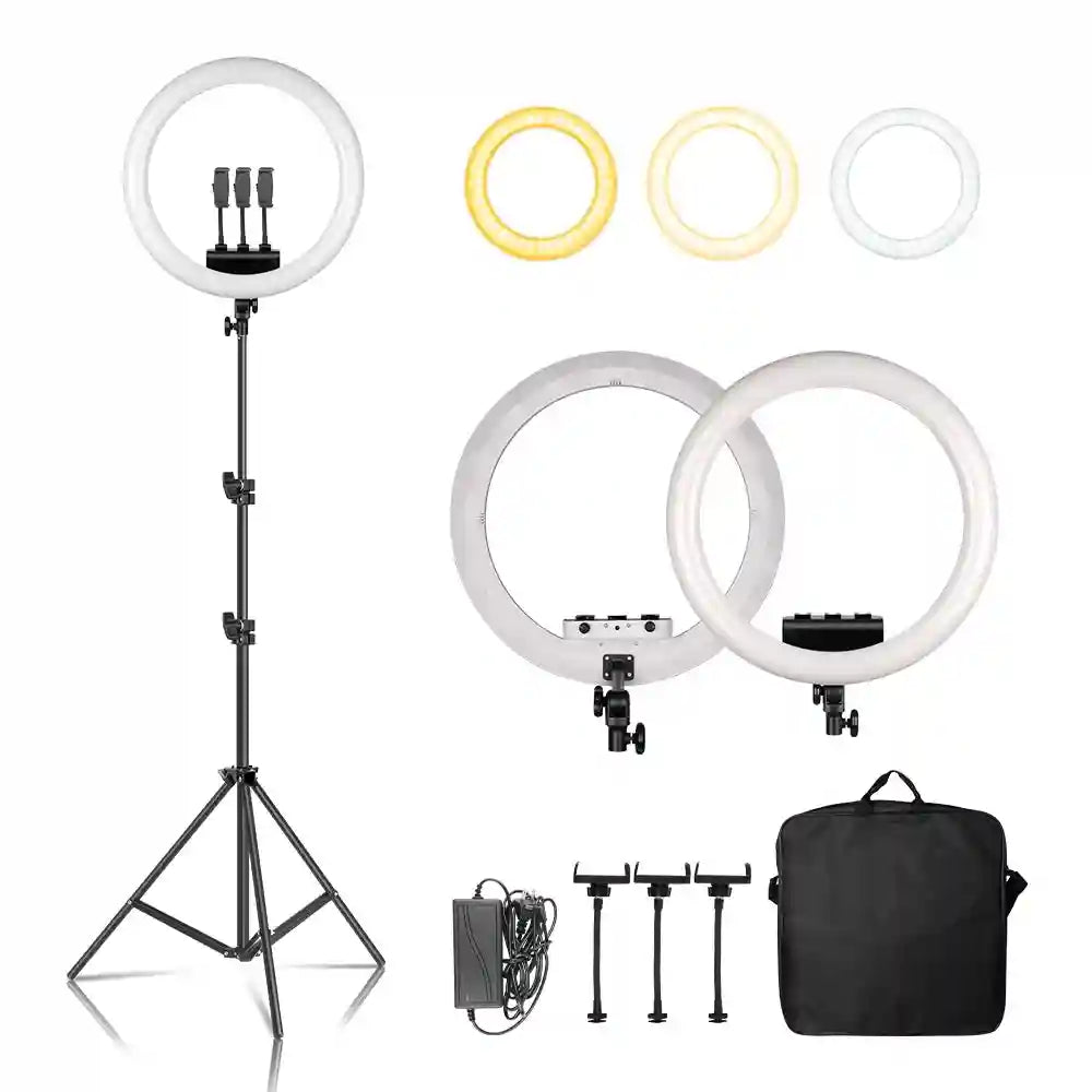 Large LED ring light with adjustable tripod stand, three phone mounts, power adapter, and a carrying bag.