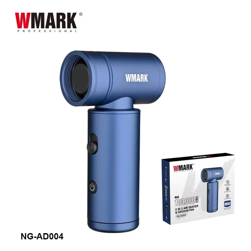 WMARK blue cordless handheld vacuum and air duster for professional barbers, 100k RPM, compact hair cleaning gadget.