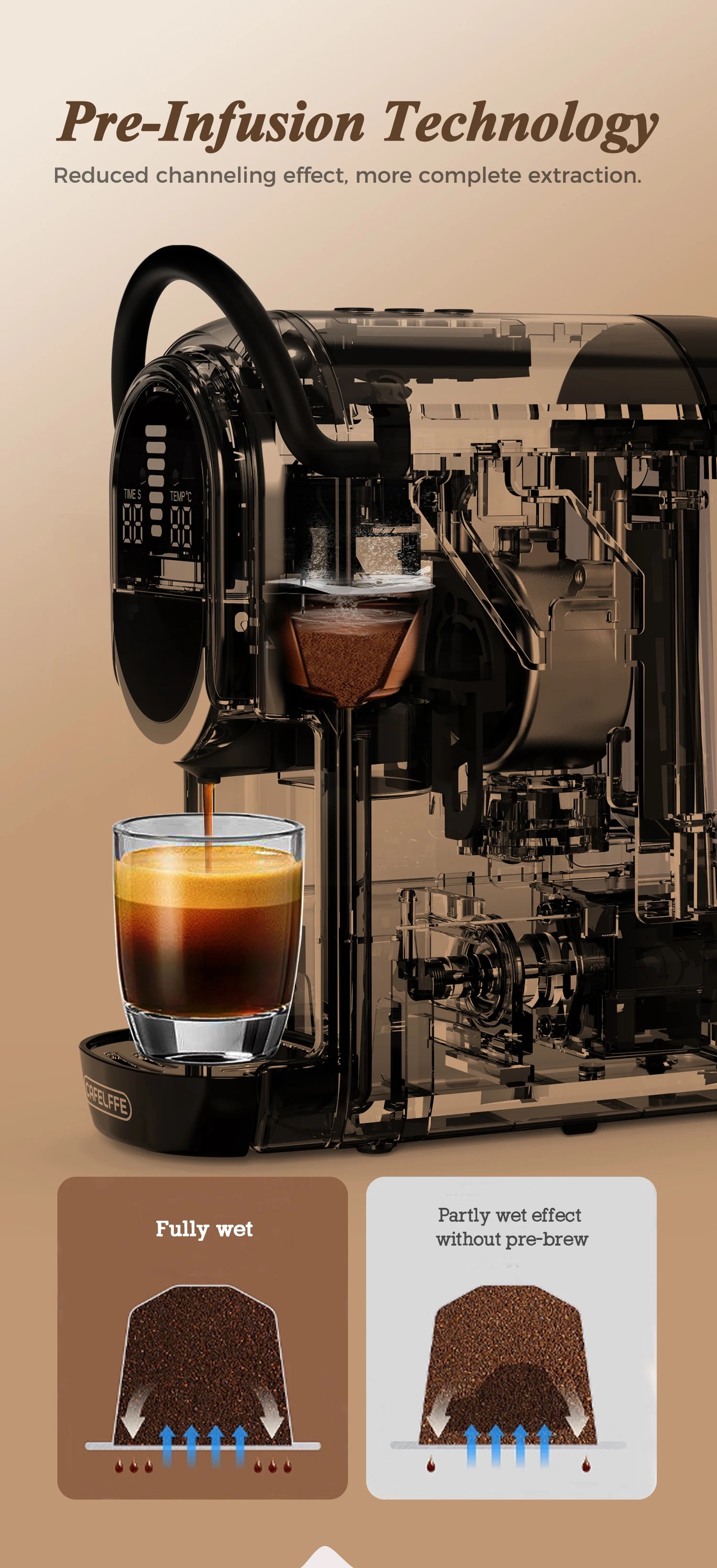 Transparent black coffee machine with pre-infusion technology brewing espresso into a glass cup.
